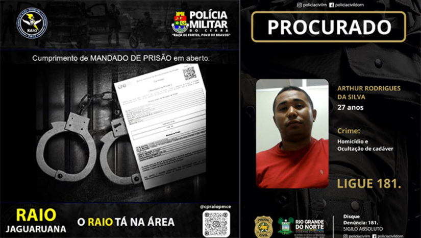 Imagem 1 -  Prisão aconteceu no município de Jaguaruana, no Estado do Ceará. Arthur Rodrigues, estava acompanhado com a esposa, na casa de parentes, quando teria sido denunciado anonimamente. A PM fez a abordagem e conseguiu prendê-lo, devendo transferir para o Rio Grande do Norte nas próximas horas. Arthur está com prisão preventiva decretada por matar e ocultar o cadáver do adolescente David Gabriel Correia de Lima Freitas, em Mossoró.
