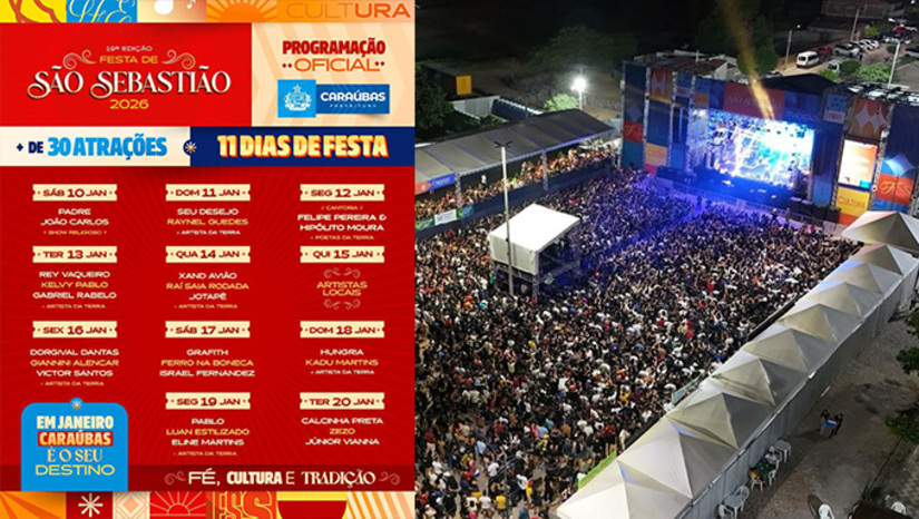 Imagem 1 - A Festa de São Sebastião começa no dia 10 e vai até o dia 20, quando é realizado a grande prociassão pelas ruas da cidade. Além dos festejos religiosos, no âmbico social são 30 atrações confirmadas e já inclusa na programação de grandes shows na Praça de Eventos. Segundo o prefeito Givago Barreto, os eventos fortalezem a identidade da festa e mantem viva a devoção ao padroeiro do município, além de colocar o município de Caraúbas no calentário de grandes eventos da região Oeste do Rio Grande do Norte. Veja programação completa no MH. Imagem 1 - A Festa de São Sebastião começa no dia 10 e vai até o dia 20, quando é realizado a grande prociassão pelas ruas da cidade. Além dos festejos religiosos, no âmbico social são 30 atrações confirmadas e já inclusa na programação de grandes shows na Praça de Eventos. Segundo o prefeito Givago Barreto, os eventos fortalezem a identidade da festa e mantem viva a devoção ao padroeiro do município, além de colocar o município de Caraúbas no calentário de grandes eventos da região Oeste do Rio Grande do Norte. Veja programação completa no MH.