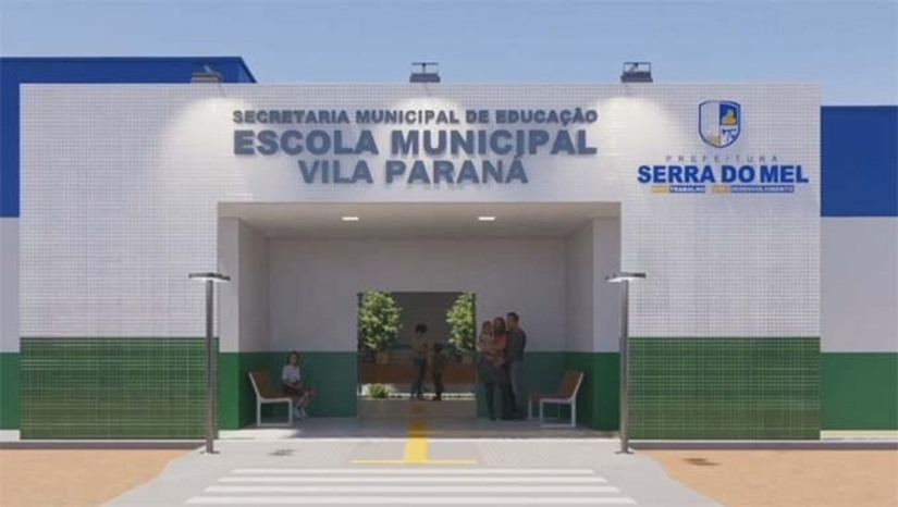 Imagem 1 -  A Prefeitura de Serra do Mel anunciou a construção de uma escola modelo na Vila Paraná, com 9 salas de aula, biblioteca, laboratório de informática com sala maker, sala de AEE, pátio coberto, refeitório e estrutura acessível. O município fica a cerca de 40 km de Mossoró e tem aproximadamente 13 mil habitantes distribuídos em 23 vilas, sendo Brasília e Rio Grande do Norte as vilas centrais e sede do Poder Executivo. A gestão municipal destaca que a obra irá fortalecer a qualidade do ensino e a estrutura da rede pública de educação.