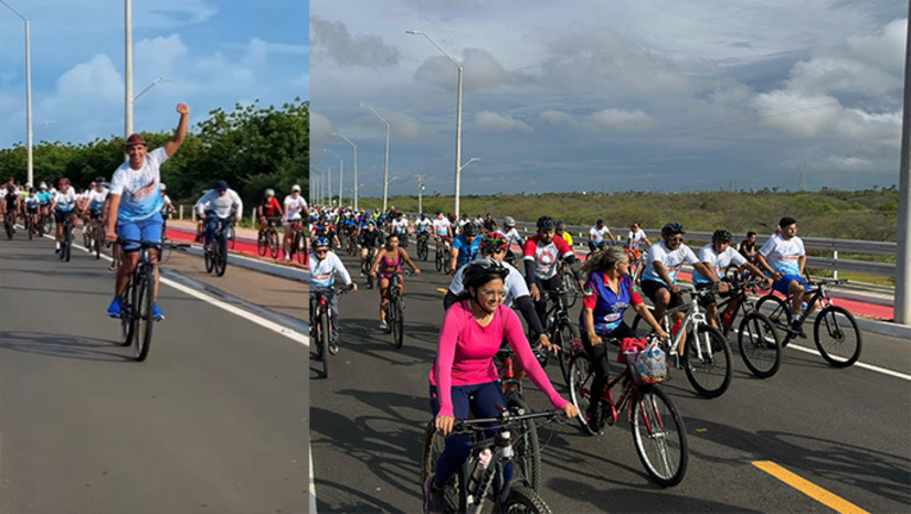 Imagem 1 - O passeio reuniu centenas de participantes logo nas primeiras horas do dia. O prefeito Allyson Bezerra puxou o pelotão de ciclistas, abrindo, assim, oficialmente os festejos comemorativos dos 174 anos de emancipação politica e administrativa do município de Mossoró-RN. "Esta obra nós começamos a sonhar com ela em 2021. Aí nós buscamos fazer o projeto, buscamos recursos do Governo Federal e hoje vamos oficialmente entregar, diz o prefeito Allyson Bezerra, que fez o trajeto de bicicleta de ida e volta. Solenidade de inauguração está previsto de acontecer às 17h30, no trevo de acesso ao complexo pela BR 110. Imagem 1 - O passeio reuniu centenas de participantes logo nas primeiras horas do dia. O prefeito Allyson Bezerra puxou o pelotão de ciclistas, abrindo, assim, oficialmente os festejos comemorativos dos 174 anos de emancipação politica e administrativa do município de Mossoró-RN. "Esta obra nós começamos a sonhar com ela em 2021. Aí nós buscamos fazer o projeto, buscamos recursos do Governo Federal e hoje vamos oficialmente entregar, diz o prefeito Allyson Bezerra, que fez o trajeto de bicicleta de ida e volta. Solenidade de inauguração está previsto de acontecer às 17h30, no trevo de acesso ao complexo pela BR 110.