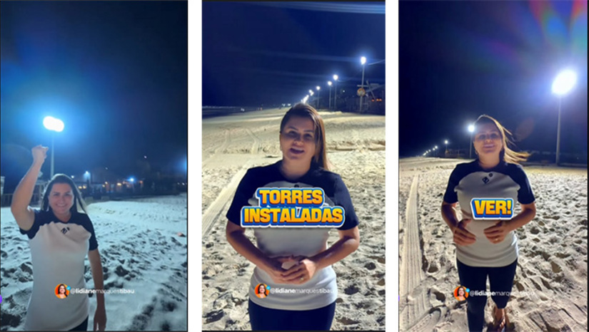 Imagem 1 - O trabalho começou pela praia das Emanuelas, instalando 50 torres com 100 lâmpadas de led. 32 torres já foram testadas e funcionaram bem. Outras 18 serão ligadas em seguida. “Um investimento que vai transformar a orla aqui da praia, com mais segurança para todos e com o turismo avançando ainda mais!”, destaca a prefeita. Imagem 1 - O trabalho começou pela praia das Emanuelas, instalando 50 torres com 100 lâmpadas de led. 32 torres já foram testadas e funcionaram bem. Outras 18 serão ligadas em seguida. “Um investimento que vai transformar a orla aqui da praia, com mais segurança para todos e com o turismo avançando ainda mais!”, destaca a prefeita.