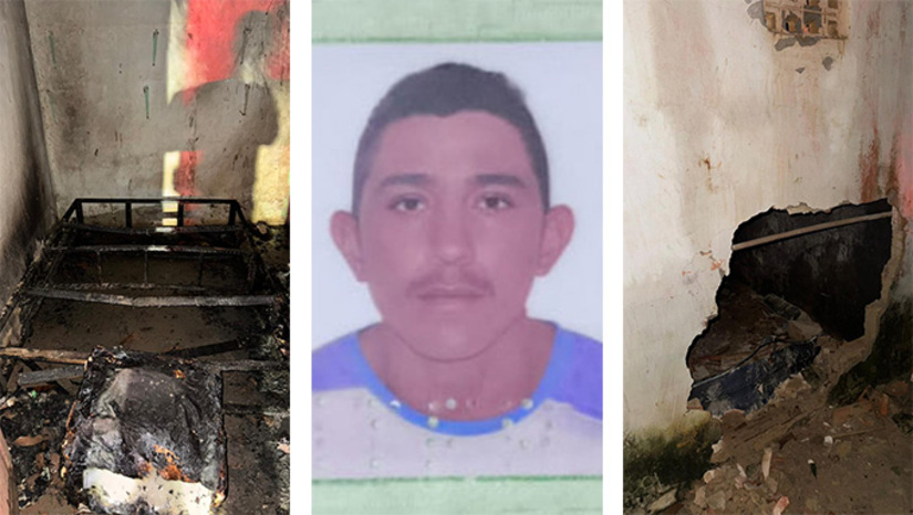 Imagem 1 -  Vítima Vitor Emanuel Costa da Silva, de 24 anos, foi socorrido pelos vizinhos, que tiveram que abrir um buraco na parede para retirá-lo do quarto em chamas, apresentando queimaduras de primeiro, segundo e terceiro grau para o hospital local. Em seguida, o SAMU o transferiu para o Hospital Regional Tarcísio Maia, em Mossoró-RN, e, depois, de helicóptero, para a ala de queimados do Hospital Monsenhor Walfredo Gurgel, em Natal. Seu estado de saúde é muito grave. A Policia investiga se o incêndio foi acidental ou criminoso.