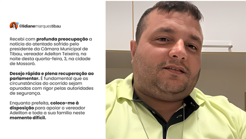   Vereador Adeilton Teixeira de Oliveira sofreu três tiros quando estava em seu comércio de móveis no Redenção, em Mossoró-RN, na companhia da mulher e do filho. Segundo o delegado Renato Oliveira, o atirador fugiu após o filho da vítima bater nele com uma garrafa de café. Adeilton Teixeira sofreu um tiro transfixante no ombro, outro no braço e o terceiro na perna. A prefeita Lidiane Marques, em Nota, deseja rápida recuperação ao legislador tibauense e investigação rigorosa para esclarecer as circunstâncias dos fatos. 