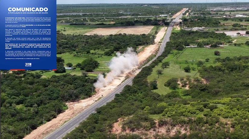   A detonação controlada de rochas está programada para aconteceu ao meio dia desta sexta-feira, dia 5 de junho de 2026, no quilômetro 97, trecho entre Mossoró e Assu-RN. A comunicação oficial foi feita pelo DNIT e também pela CLC nesta quarta-feira, 3. Os responsáveis pelas obras solicitam que as autoridades de saúde que antecipem as transferências de pacientes e pedem a compreensão dos demais usuários da rodovia federal, explicando que a duplicação é fundamental para melhorar o trafego na rodovia federal e promover o desenvolvimento regional. 