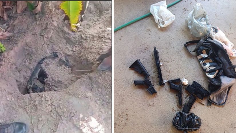 Imagem 1 - Armas e munições foram apreendidas pela Policia Militar enterradas no quintal de uma residência na Vila Maísa, aonde os responsáveis pelo atentado ao vereador Cabo Deyvison teriam ficado refugiados na terça-feira, 16. Dois dos três investigados por este atentado foram presos pela PM do Ceará quando tentavam fugir num taxi pela CE 040, com destino a Fortaleza-CE. Com as armas apreendidas, o secretário estadual de Segurança, Coronel Francisco Araújo, vê avanço nas investigações. Será concedido coletiva sobre o assunto nesta sexta-feira, 19, em Natal. Em Mossoró, o delegado Thiago Biscoli, não teve autorização para comentar. Imagem 1 - Armas e munições foram apreendidas pela Policia Militar enterradas no quintal de uma residência na Vila Maísa, aonde os responsáveis pelo atentado ao vereador Cabo Deyvison teriam ficado refugiados na terça-feira, 16. Dois dos três investigados por este atentado foram presos pela PM do Ceará quando tentavam fugir num taxi pela CE 040, com destino a Fortaleza-CE. Com as armas apreendidas, o secretário estadual de Segurança, Coronel Francisco Araújo, vê avanço nas investigações. Será concedido coletiva sobre o assunto nesta sexta-feira, 19, em Natal. Em Mossoró, o delegado Thiago Biscoli, não teve autorização para comentar.