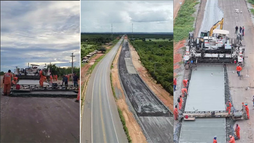 Imagem 1 -  O avanço dos serviços no primeiro trecho de 57,6 km, onde estão sendo investidos R$ 367,5 milhões, ocorre após a chegada de uma pavimentadora de grande porte à região. Técnicos e operários realizaram a calibragem do maquinário especializado para o início da concretagem definitiva da pista dupla sob a supervisão direta do engenheiro Rafael Nogueira, da CLC. A execução do pavimento rígido de concreto corresponde à implantação da pista dupla definitiva, da primeira faixa da rodovia. Veja mais no MH