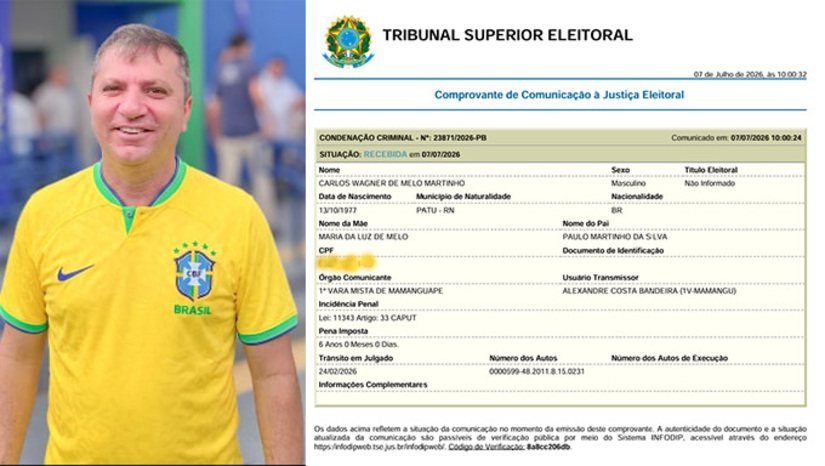   Assim como no RN, a sentença na Justiça da Paraíba também é por tráfico de drogas. O cumprimento da sentença de 6 anos de prisão em regime semiaberto, determinado pela juíza de Mamanguape/PB, deve ocorrer logo nos próximos dias, considerando que já transitou em julgado e as autoridades foram comunicadas, inclusive o TSE no dia 7 de julho de 2026, quase 20 anos após o processo começar. No que se refere a condenação de 4 anos e 8 meses de prisão decretada no dia 9 de setembro de 2025, no Tribunal de Justiça do RN, também por tráfico de drogas, cabe recurso. Em sua defesa, o vereador diz que é "notícia requentada" e que está tranquilo.