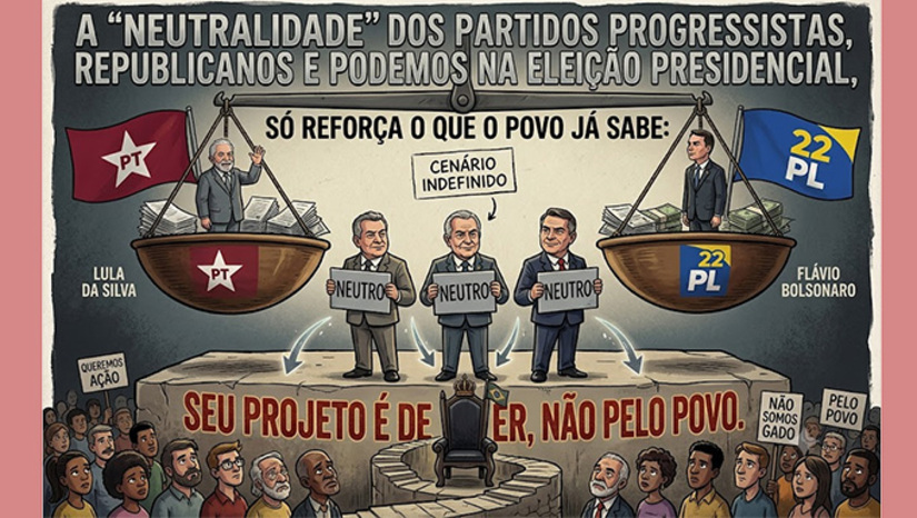   A “neutralidade” dos Partidos Progressistas, Republicanos e Podemos na eleição presidencial, diante do cenário indefinido entre Lula da Silva (PT) com Flávio Bolsonaro (PL), só reforça o que o povo já sabe: o projeto desses partidos é de Poder, não pelo Povo. Não ter lado neste momento mostra que o pragmatismo político foi para o brejo e a sem-vergonhice mostra a cara. Neutros agora e ou num eventual 2º turno, os caciques (e suas bases) vão pular no colo de quem ganhar. Veja mais na COLUNA ESPLANADA