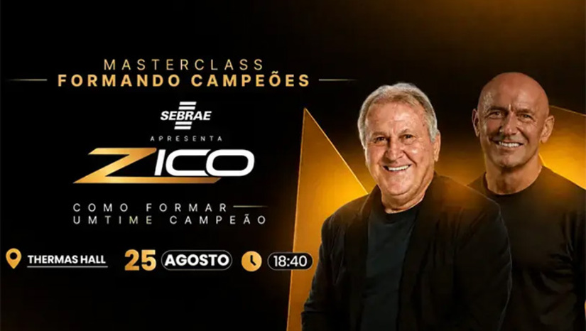   O ex-jogador do Flamengo e da Seleção Brasileira desembarca na cidade para o Masterclass Zico – Formando Campeões, palestra de liderança, empreendedorismo e alta performance que ocorrerá no próximo dia 25, no Thermas Hall. O evento tem correalização da CYM Eventos. As inscrições para o Masterclass podem ser efetuadas no link: https://ingressos.digacym.com.br/comprar/festa/zico