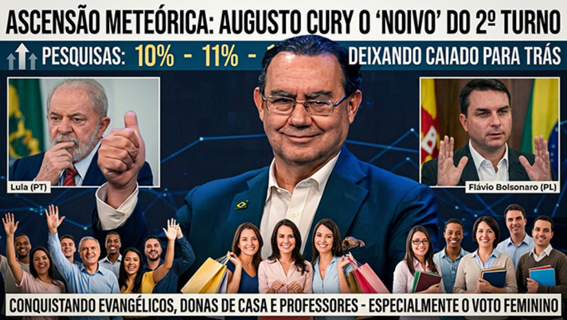   A ascensão meteórica de Augusto Cury (Avante) em duas pesquisas nacionais divulgadas ontem, nas quais ele pontua entre 10% e 11% das intenções de votos, já cravaram nos staffs dos presidenciáveis Lula da Silva (PT) e Flávio Bolsonaro (PL) de que, em eventual 2º turno, ele será o noivo da eleição. “O bom velhinho”, conforme a Coluna publicou ontem (cravando a subida dele nas qualitativas), tem conquistado a cada dia o voto de evangélicos, donas de casa, professores (as) – em especial o voto feminino, deixando Ronaldo Caiado (PSD) para trás. Apontado como suposta 3ª via desta eleição, Cury – famoso psicanalista e escritor best-seller – já é chamado de potencial ministro da Educação pelos dois lados da polarização. Mas que não se enganem Lula e Flávio. Uma onda maior pode estar surgindo. Veja mais na COLUNA ESPLANADA