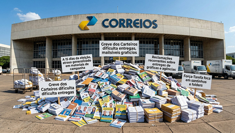   A 15 dias da eleição, os Correios sofrem para entregar materiais de campanha enviados por gráficas e agências de outros Estados dos comitês dos candidatos contratantes. As reclamações têm sido recorrentes há semanas – em especial por causa da greve dos carteiros. A estatal correu para elaborar um plano com força-tarefa que foca neste tipo de material: entrega de santinhos, folders etc. É o que a empresa responde a comitês desde sexta-feira.  Veja mais na COLUNA ESPLANADA