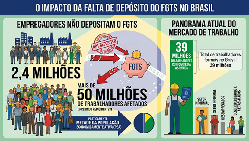   Nada menos que 2,4 milhões de empregadores, entre empresas, empregadores domésticos e rurais, deixaram de depositar o FGTS para mais de 50 milhões de trabalhadores nos últimos anos (levando-se em conta que alguns deles são reincidentes) – praticamente metade da população economicamente ativa. Atualmente, o Brasil tem 39 milhões de trabalhadores com carteira assinada no mercado. O Instituto Fundo de Garantia do Trabalhador lançou pesquisa para medir o conhecimento dos trabalhadores em relação a perdas. Detalhes no link fundodegarantia.org.br.  Mais, na COLUNA ESPLANADA