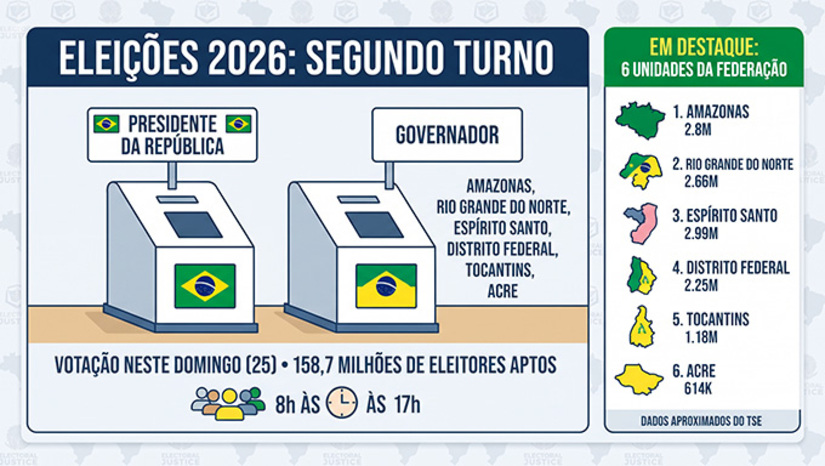   Cerca de 158,7 milhões de eleitores voltam às urnas neste domingo (25) para escolher o presidente da República e definir governos estaduais em seis unidades da Federação. Segundo turno em 6 unidades da Federação. O Rio Grande do Norte é um destes estados. São 2.660.565 eleitores habitos a votar, segundo destaca o Tribunal Regional Eleitoral. Disputam o cargo, o ex-prefeito de Mossoró-RN, Allyson Bezerra, e o ex secretário de Tributação do Estado, Carlos Eduardo Xavier.. No cenário nacional, o atual presidente Lula é candidato à reeleição contra o senador Flávio Bolsonaro, filho do ex-presidente Jair Bolsonaro, que está preso.