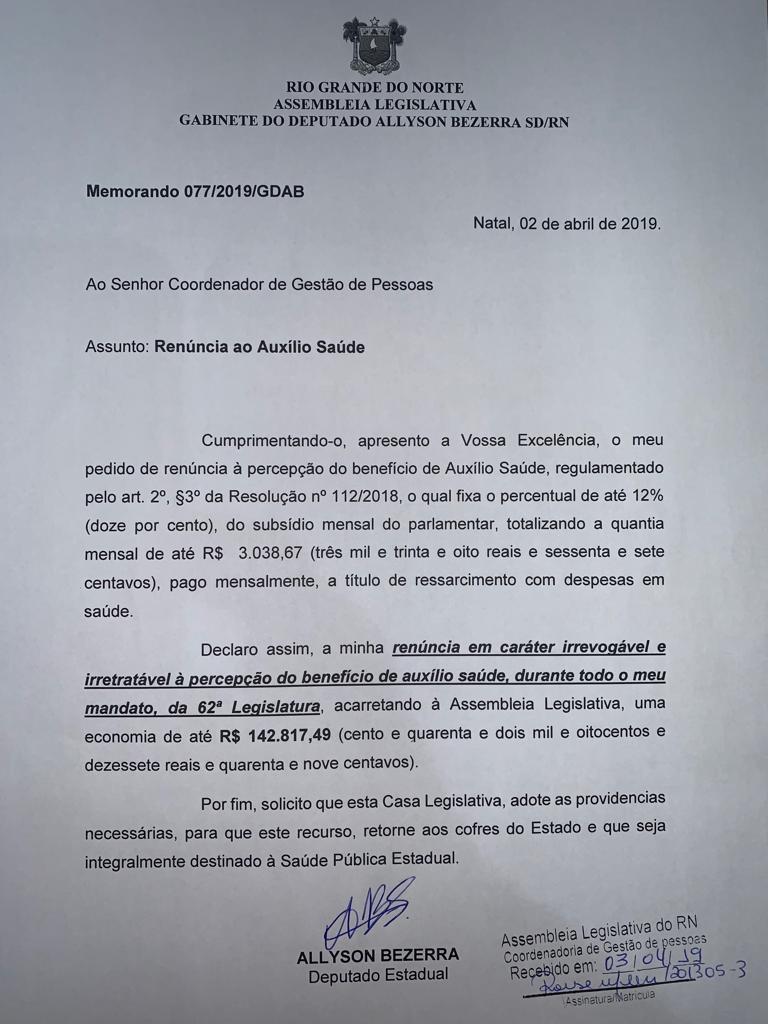 Imagem 1 -  Allyson Bezerra abre mão de Auxílio-saúde; economia será de R$ 140 mil
