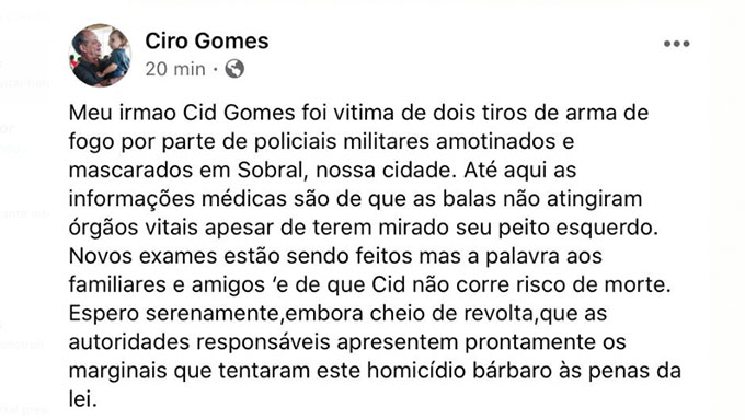 Imagem 1 -  Cid Gomes é baleado ao tenta invadir quartel da PMCE com retroescavadeira